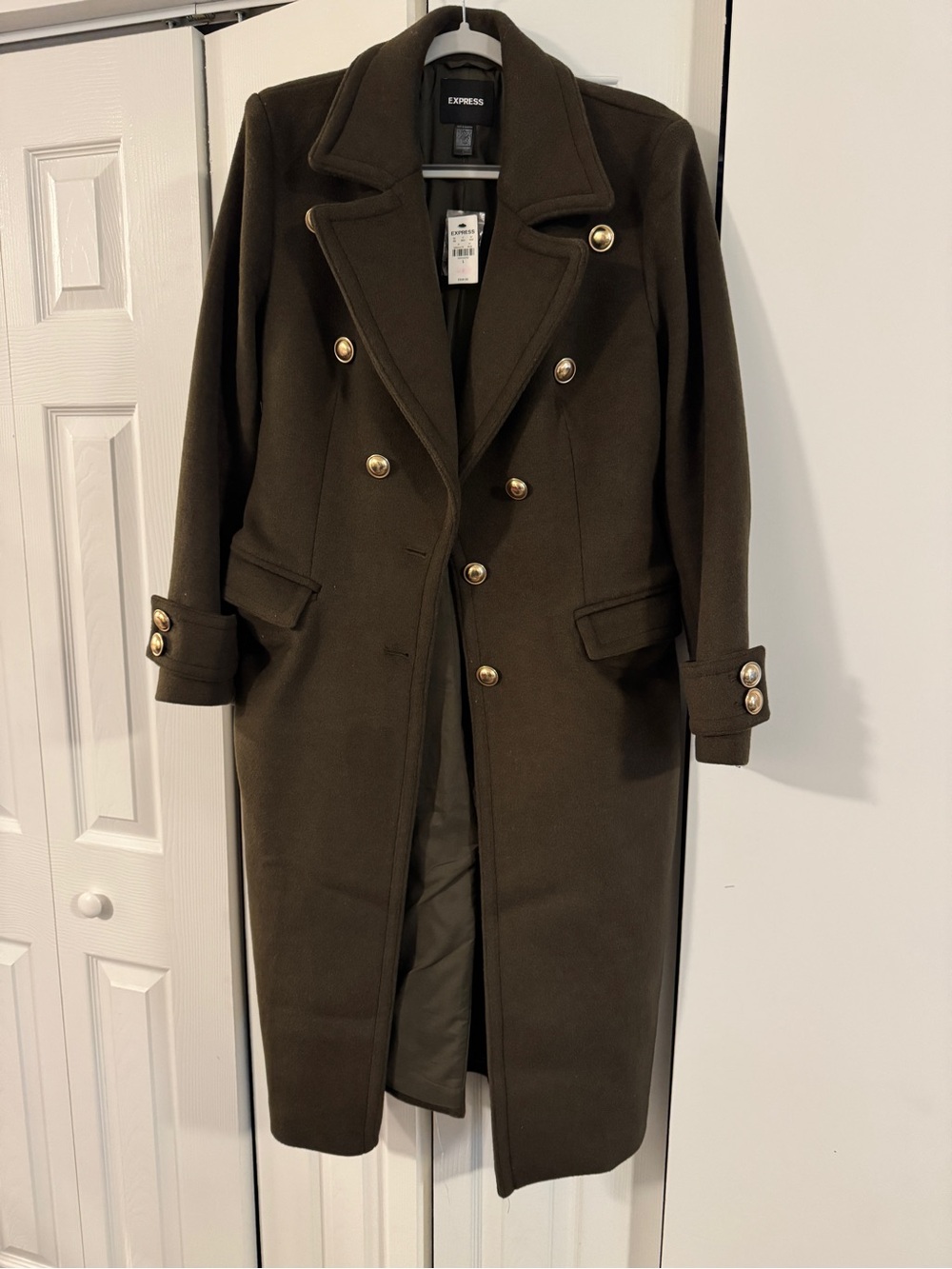 Express Double-Breasted Wool Coat in Olive Green Military Style - Picture 2 of 4